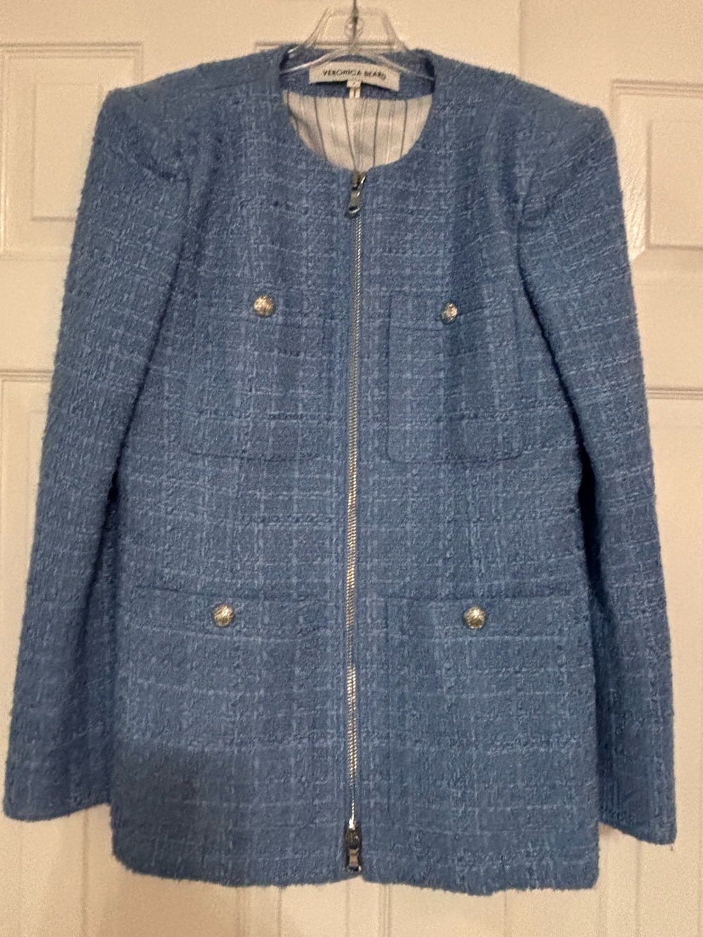 Veronica Beard Blue Tweed Zip-Front Coat size 8